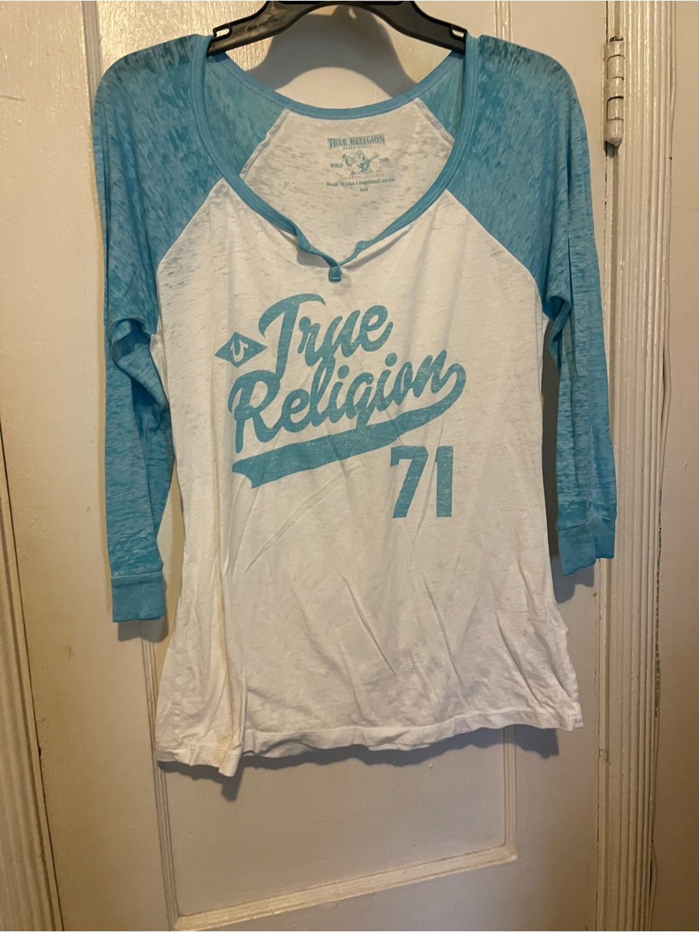 True Religion White & Aqua Raglan Logo Long Sleeve Tee